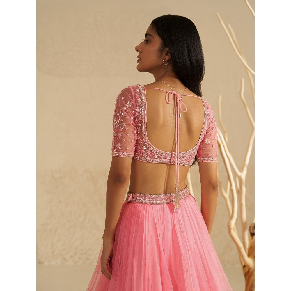 Zoon Blush Pink Embroidered-Sequined Lehenga with Blouse and Dupatta (Set of 3)