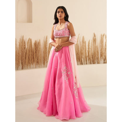 Zoon Rose Pink Embroidered-Sequined Lehenga with Blouse and Dupatta (Set of 3)