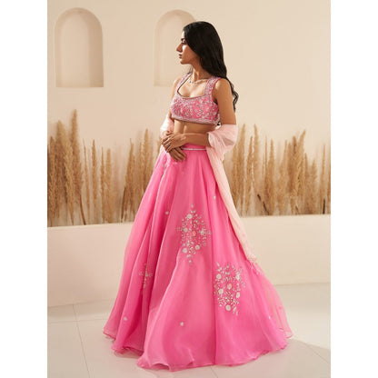 Zoon Rose Pink Embroidered-Sequined Lehenga with Blouse and Dupatta (Set of 3)