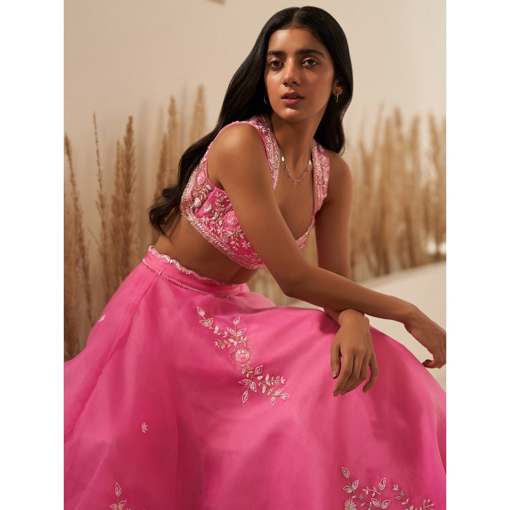 Zoon Rose Pink Embroidered-Sequined Lehenga with Blouse and Dupatta (Set of 3)
