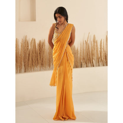 Zoon Mustard Embroidered Pre-Draped Saree with Stitched Blouse