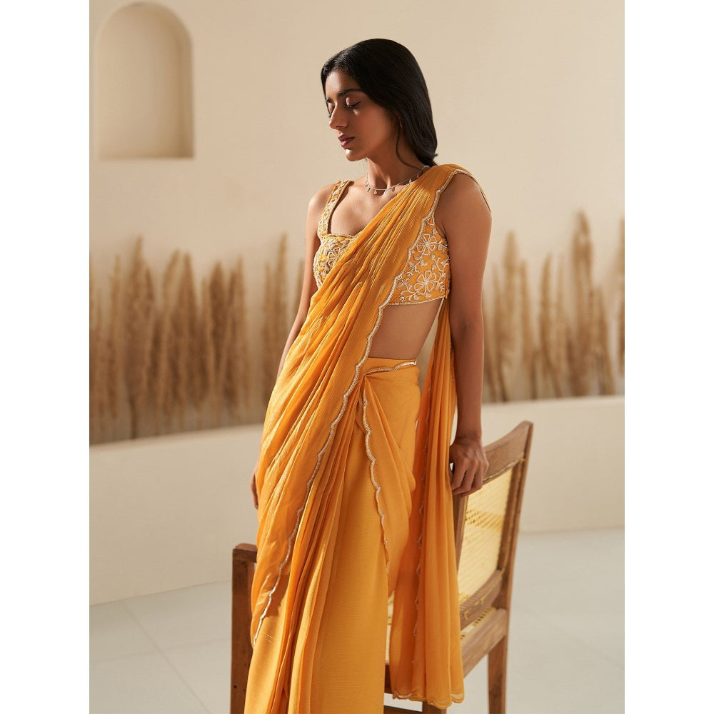 Zoon Mustard Embroidered Pre-Draped Saree with Stitched Blouse