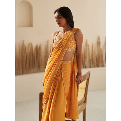 Zoon Mustard Embroidered Pre-Draped Saree with Stitched Blouse