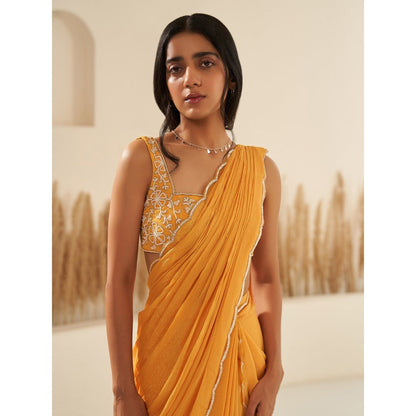 Zoon Mustard Embroidered Pre-Draped Saree with Stitched Blouse