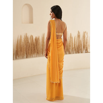 Zoon Mustard Embroidered Pre-Draped Saree with Stitched Blouse