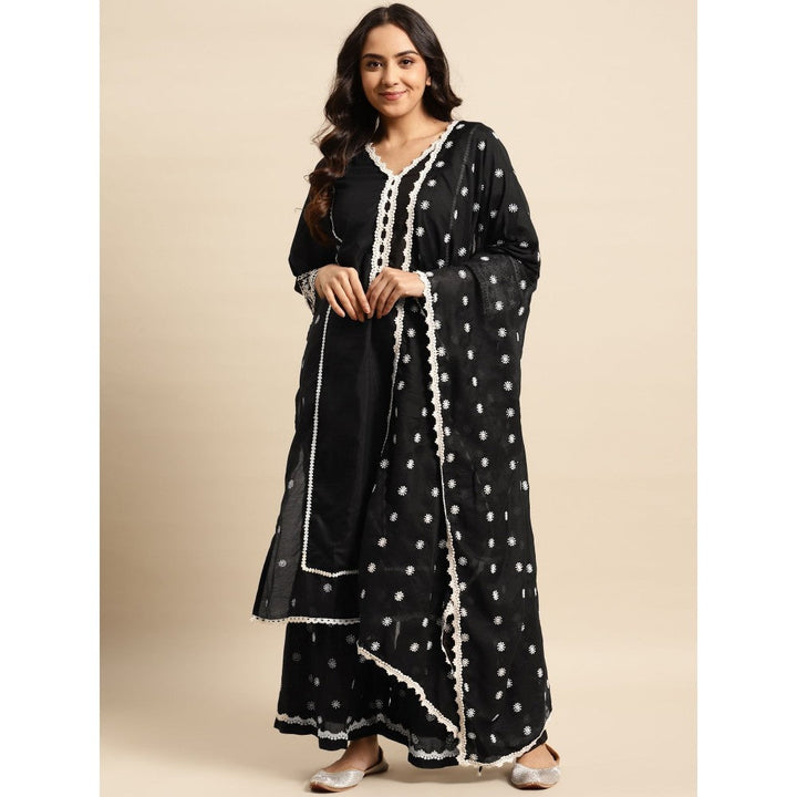 Zuri Black Embroidered Cotton Kurta with Embroidered Sharara and Dupatta - Set of 3