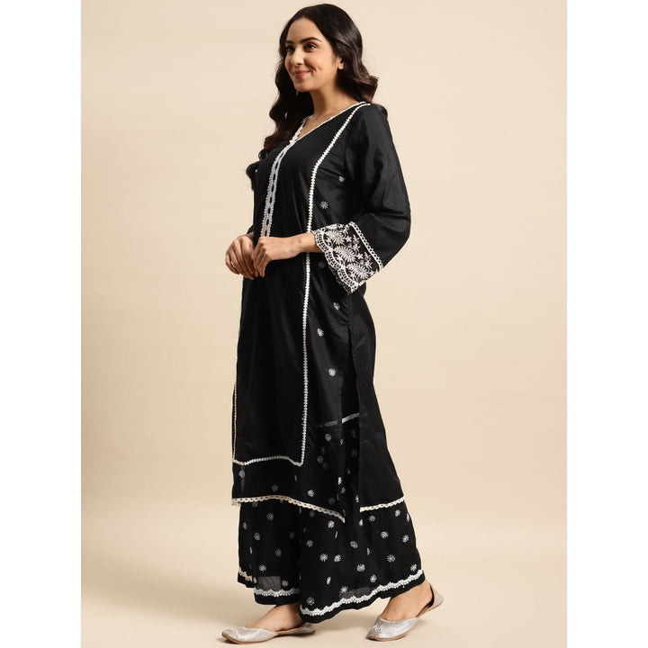 Zuri Black Embroidered Cotton Kurta with Embroidered Sharara and Dupatta - Set of 3