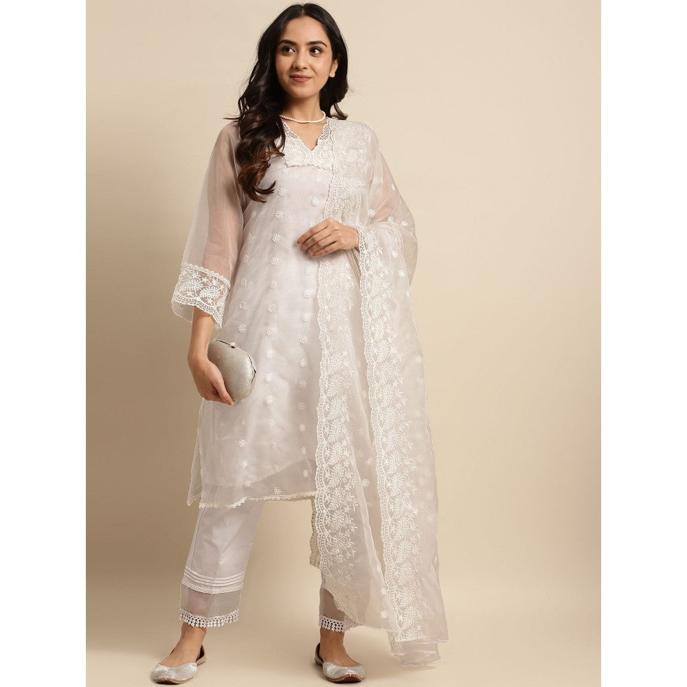 Zuri White Embroidered Organza kurta with Inner, Lace Pant and Embroidered Dupatta - Set of 3