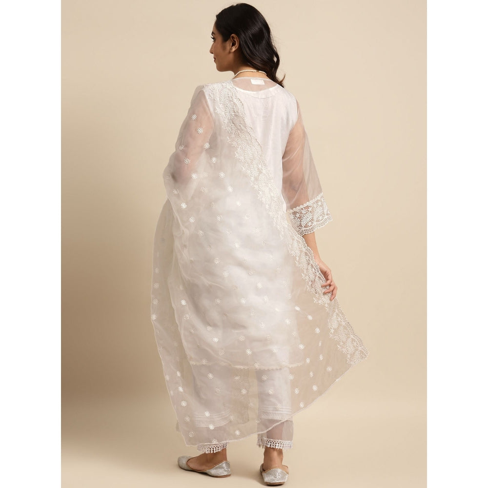 Zuri White Embroidered Organza kurta with Inner, Lace Pant and Embroidered Dupatta - Set of 3