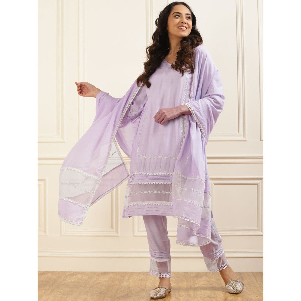 Zuri Purple Zari Embroidered Silk Kurta with Lace Pant and Embroidered Dupatta - Set of 3