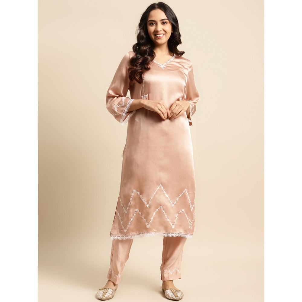 Zuri Brown Resham Embroidered Satin Silk Kurta with Embroidered Pant - Set of 2