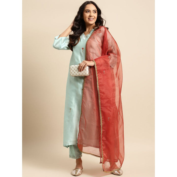 Zuri Sea Green Zari Embroidered Chanderi Kurta with Embroidered Pant and Organza Dupatta - Set of 3