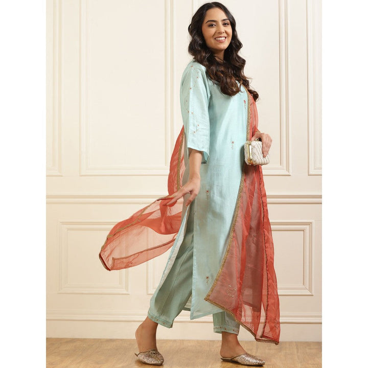 Zuri Sea Green Zari Embroidered Chanderi Kurta with Embroidered Pant and Organza Dupatta - Set of 3