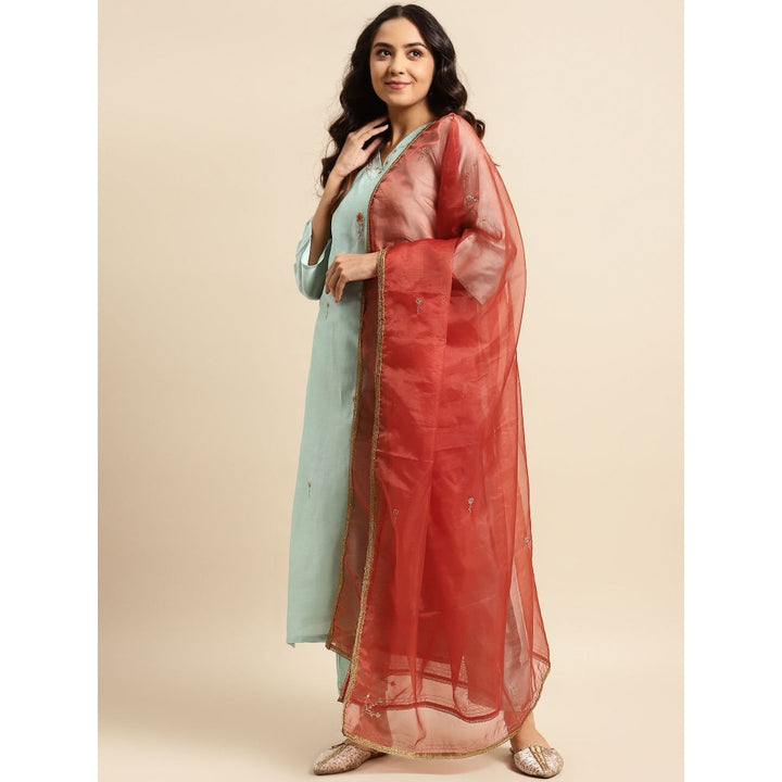 Zuri Sea Green Zari Embroidered Chanderi Kurta with Embroidered Pant and Organza Dupatta - Set of 3