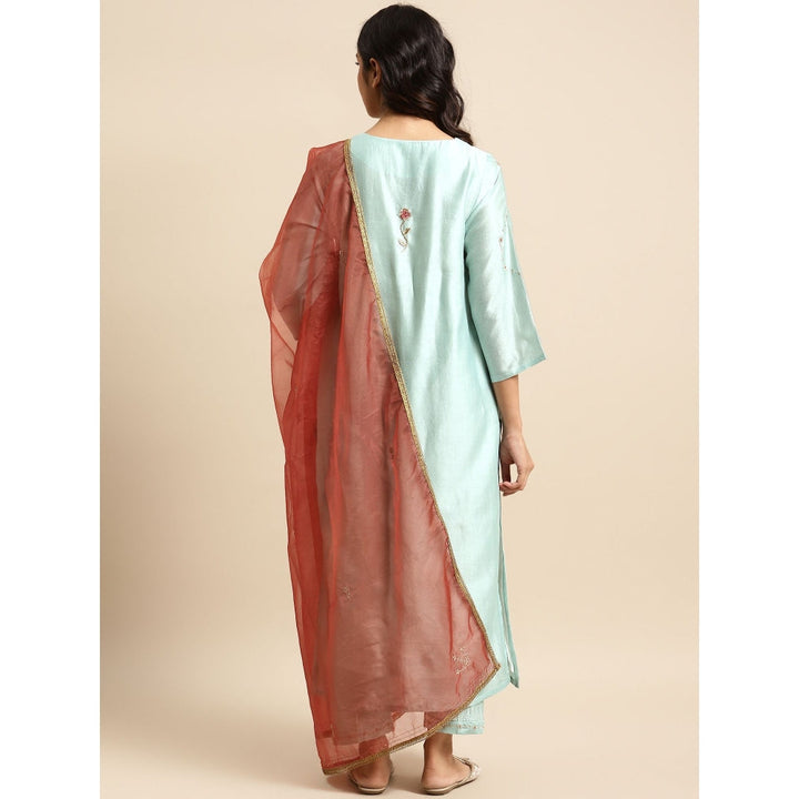 Zuri Sea Green Zari Embroidered Chanderi Kurta with Embroidered Pant and Organza Dupatta - Set of 3