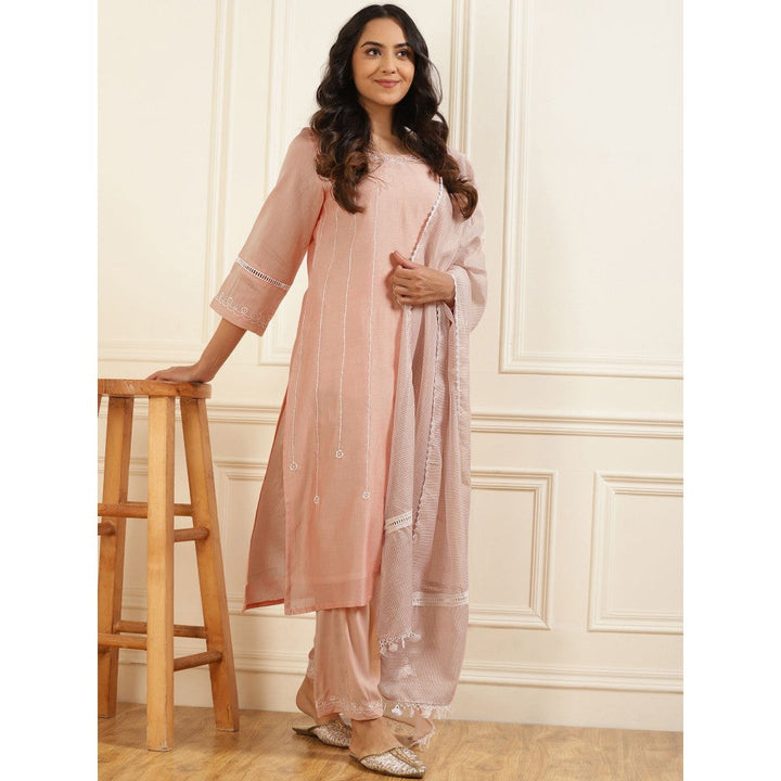 Zuri Peach Embroidered Chanderi Kurta with Embroidered Pant and Dupatta - Set of 3