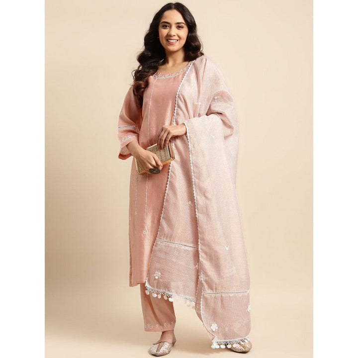 Zuri Peach Embroidered Chanderi Kurta with Embroidered Pant and Dupatta - Set of 3