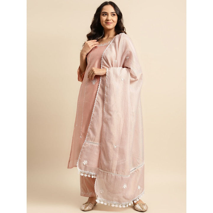 Zuri Peach Embroidered Chanderi Kurta with Embroidered Pant and Dupatta - Set of 3