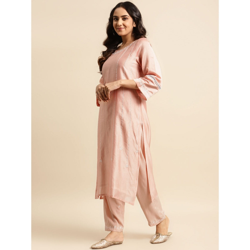 Zuri Peach Embroidered Chanderi Kurta with Embroidered Pant and Dupatta - Set of 3