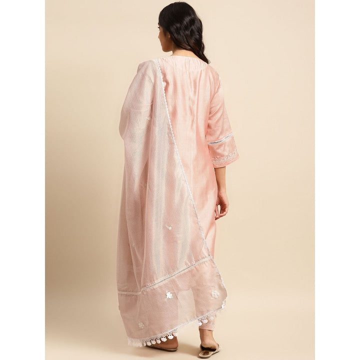 Zuri Peach Embroidered Chanderi Kurta with Embroidered Pant and Dupatta - Set of 3