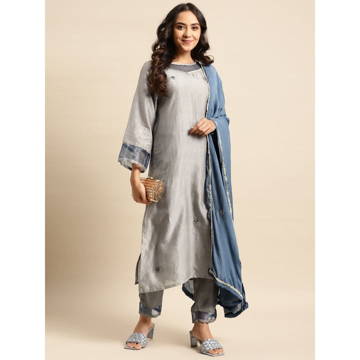 Zuri Grey Blue Tissue Zari Embroidered Chanderi Kurta with Embroidered Pant and Chinnon Dupatta - Set of 3