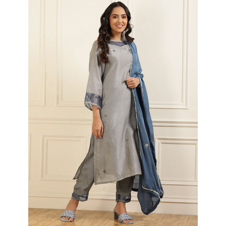 Zuri Grey Blue Tissue Zari Embroidered Chanderi Kurta with Embroidered Pant and Chinnon Dupatta - Set of 3