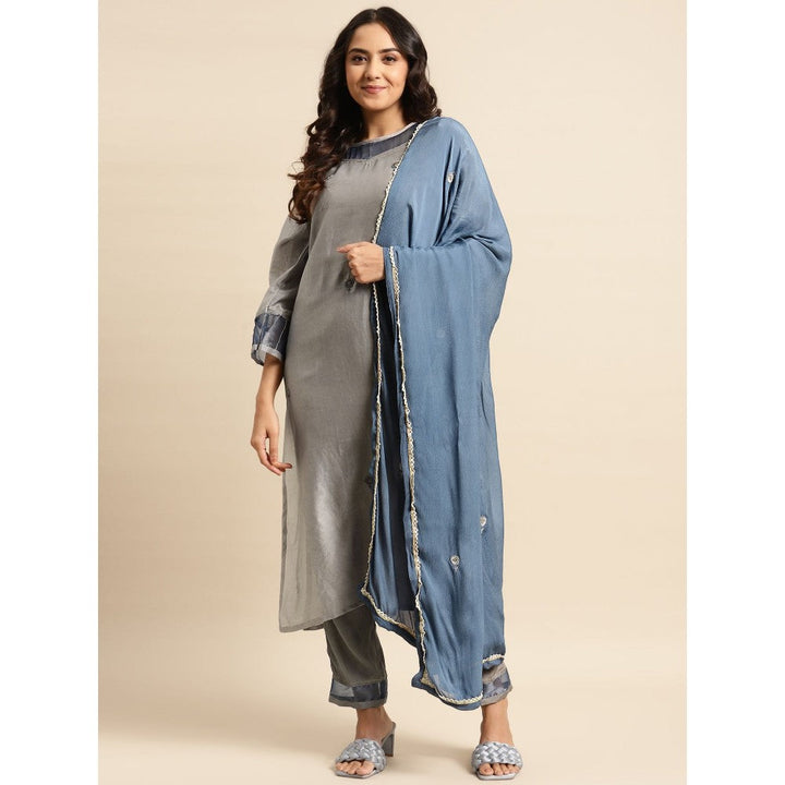 Zuri Grey Blue Tissue Zari Embroidered Chanderi Kurta with Embroidered Pant and Chinnon Dupatta - Set of 3