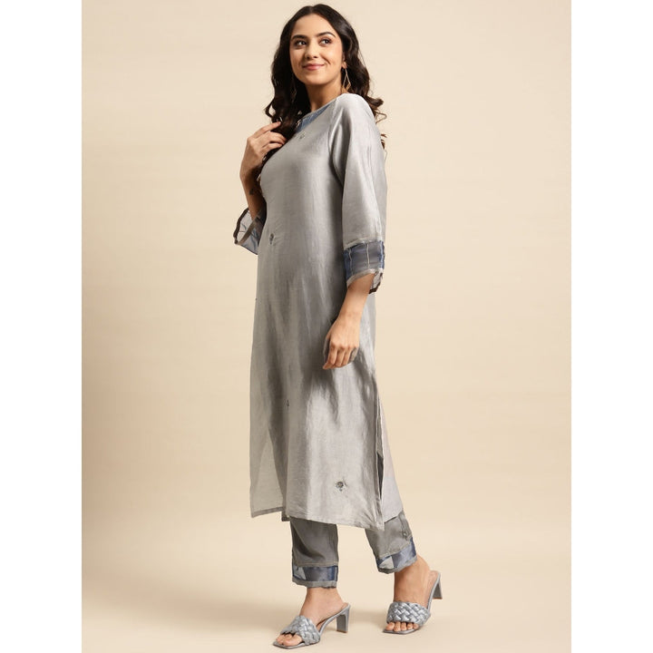 Zuri Grey Blue Tissue Zari Embroidered Chanderi Kurta with Embroidered Pant and Chinnon Dupatta - Set of 3