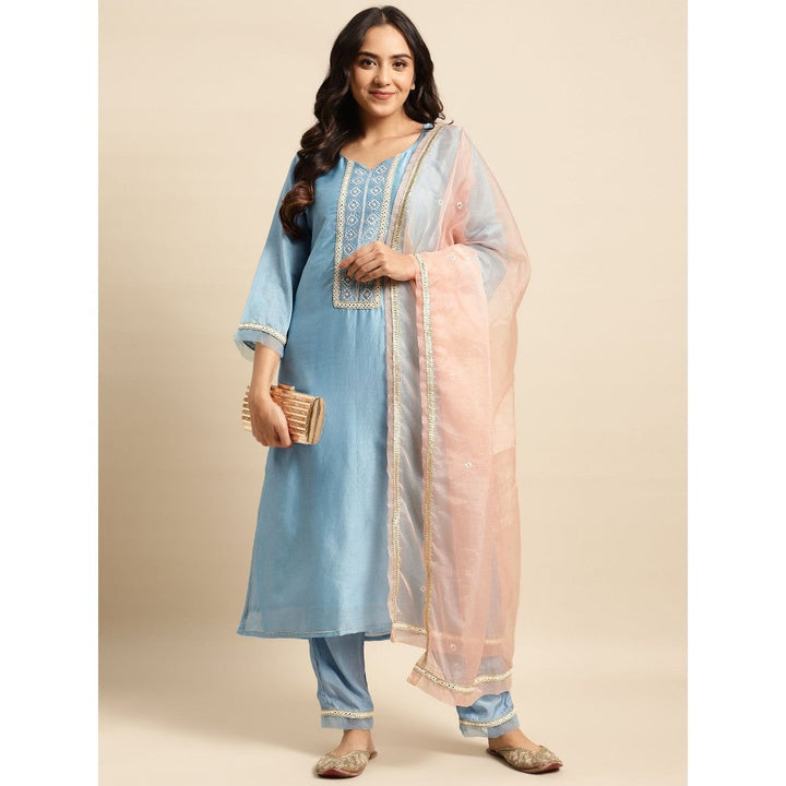 Zuri Sky Blue Embroidered Chanderi Kurta with Lace Pant and Embroidered Dupatta - Set of 3