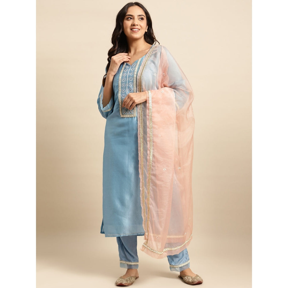 Zuri Sky Blue Embroidered Chanderi Kurta with Lace Pant and Embroidered Dupatta - Set of 3