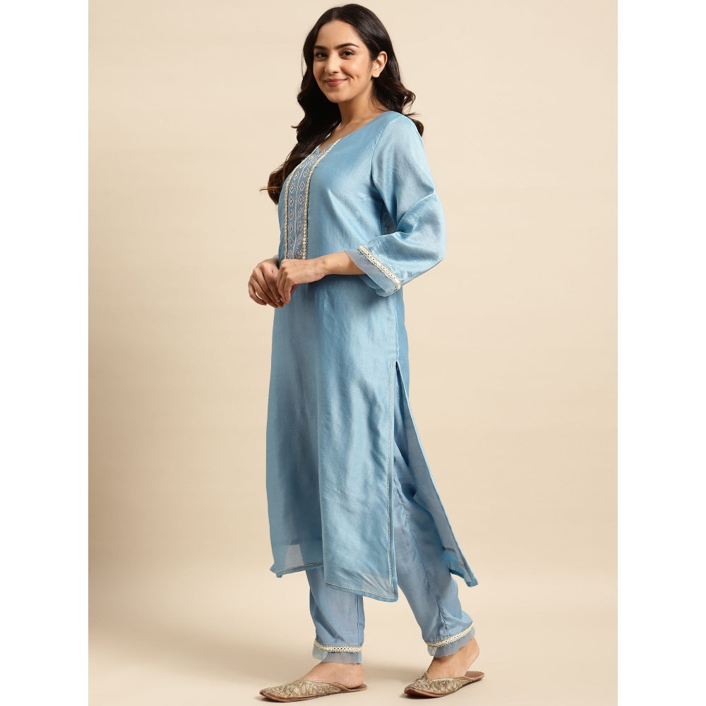 Zuri Sky Blue Embroidered Chanderi Kurta with Lace Pant and Embroidered Dupatta - Set of 3