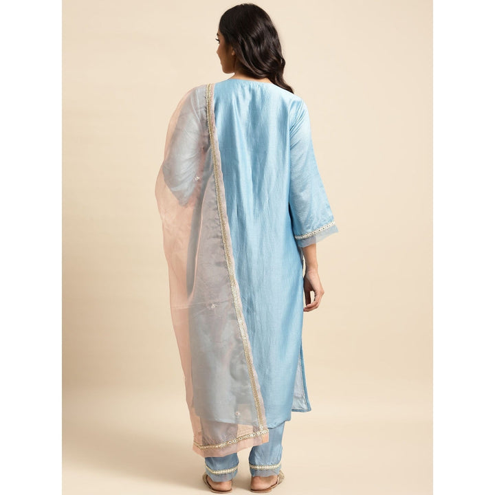 Zuri Sky Blue Embroidered Chanderi Kurta with Lace Pant and Embroidered Dupatta - Set of 3