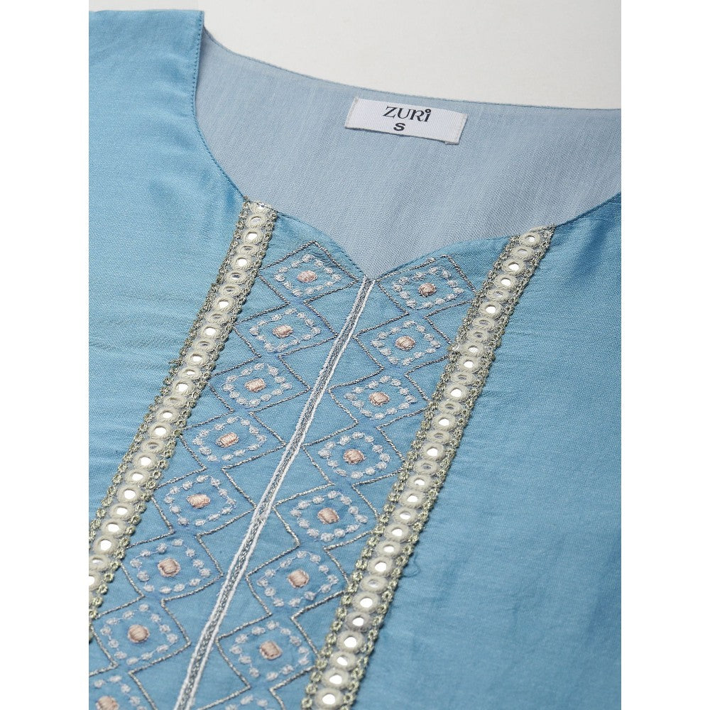 Zuri Sky Blue Embroidered Chanderi Kurta with Lace Pant and Embroidered Dupatta - Set of 3