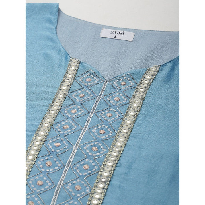 Zuri Sky Blue Embroidered Chanderi Kurta with Lace Pant and Embroidered Dupatta - Set of 3