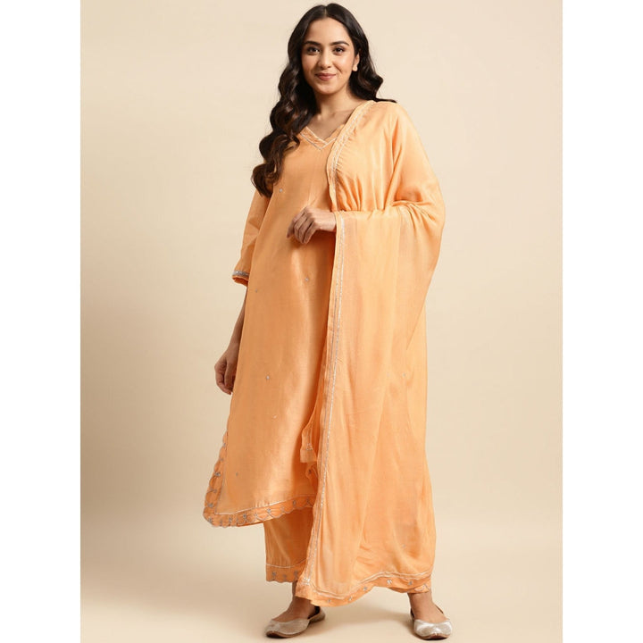 Zuri Orange Scalloped Zari Embroidered Chanderi with Embroidered Pant and Dupatta - Set of 3