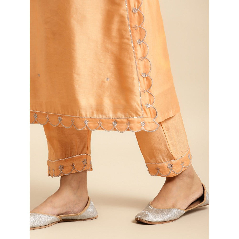 Zuri Orange Scalloped Zari Embroidered Chanderi with Embroidered Pant and Dupatta - Set of 3