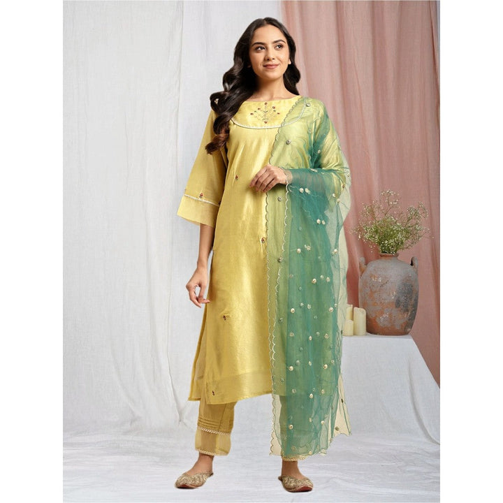 Zuri Yellow Zari Embroidered Chanderi Kurta with Lace Pant and Embroidered Dupatta - Set of 3