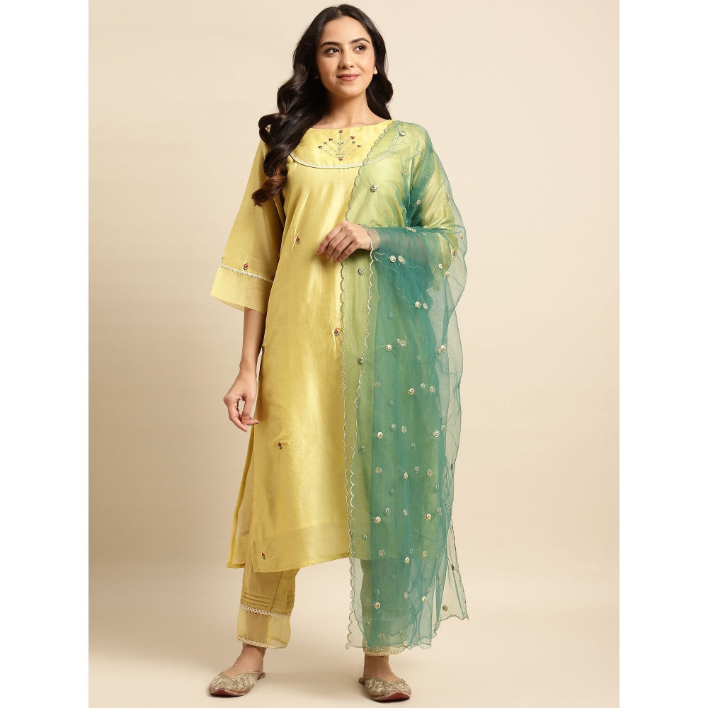 Zuri Yellow Zari Embroidered Chanderi Kurta with Lace Pant and Embroidered Dupatta - Set of 3