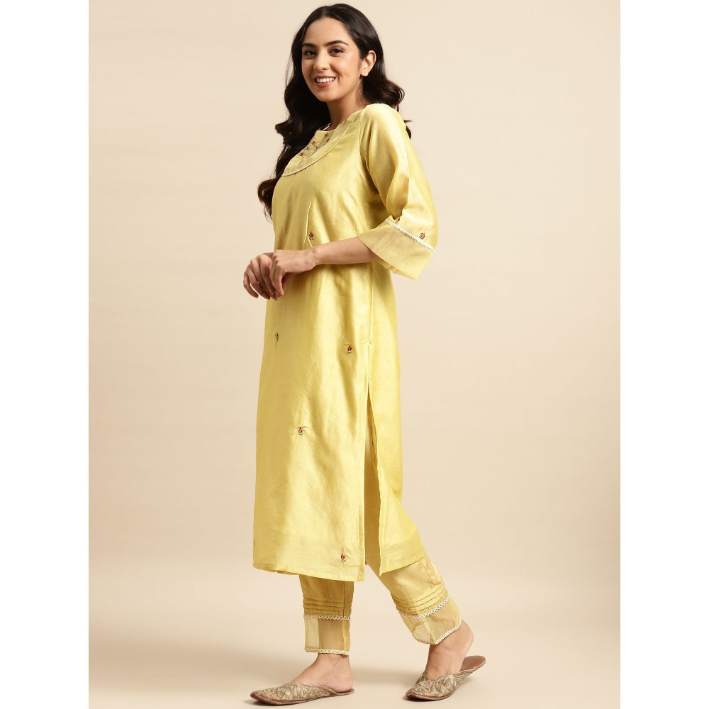 Zuri Yellow Zari Embroidered Chanderi Kurta with Lace Pant and Embroidered Dupatta - Set of 3