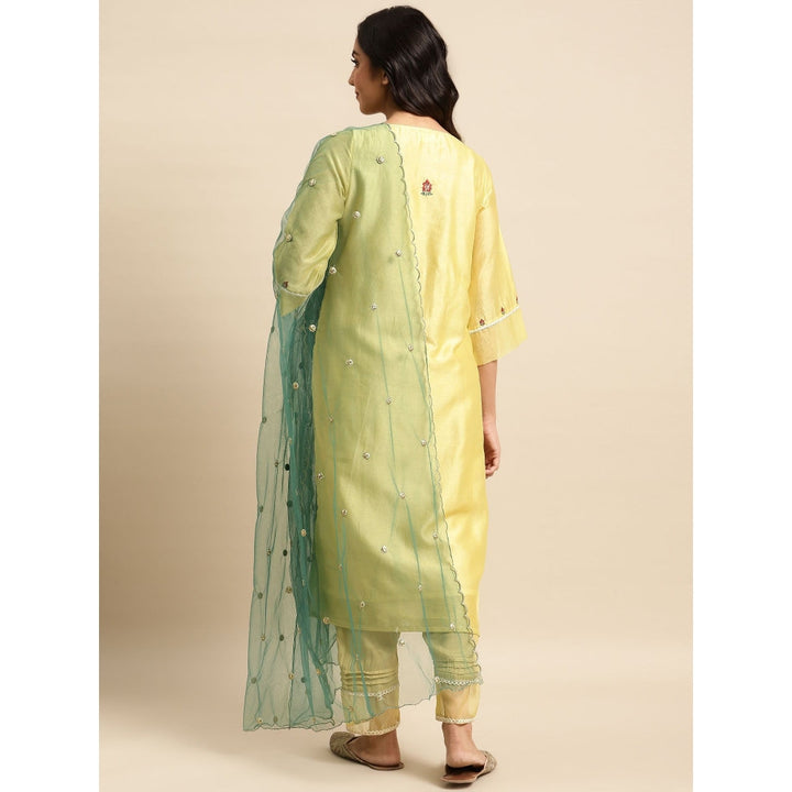 Zuri Yellow Zari Embroidered Chanderi Kurta with Lace Pant and Embroidered Dupatta - Set of 3