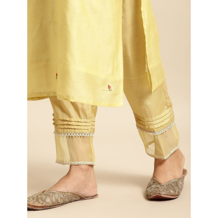 Zuri Yellow Zari Embroidered Chanderi Kurta with Lace Pant and Embroidered Dupatta - Set of 3