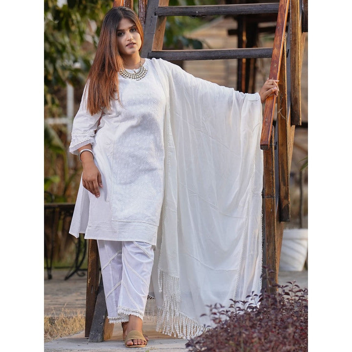 Zuri White Embroidered Cotton Kurta with Lace Pant and Embroidered Dupatta - Set of 3