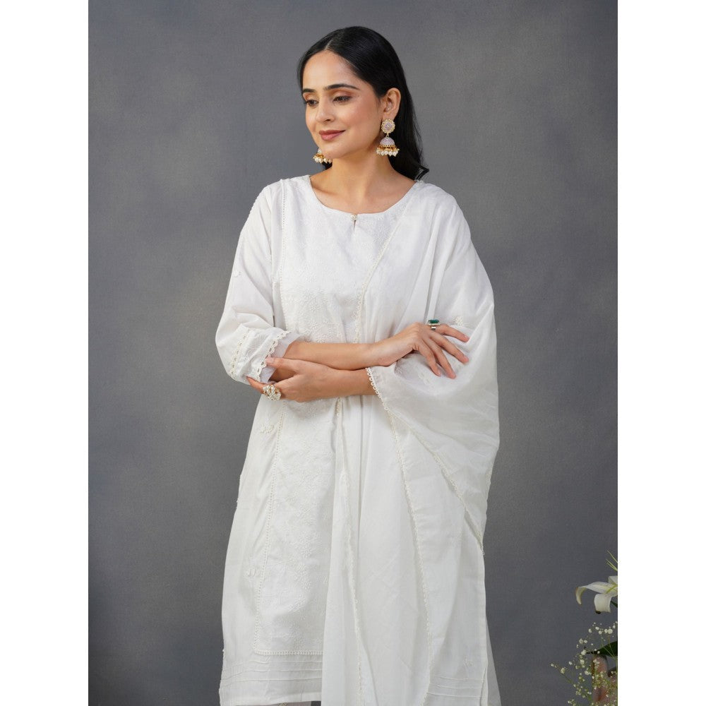 Zuri White Embroidered Cotton Kurta with Lace Pant and Embroidered Dupatta - Set of 3