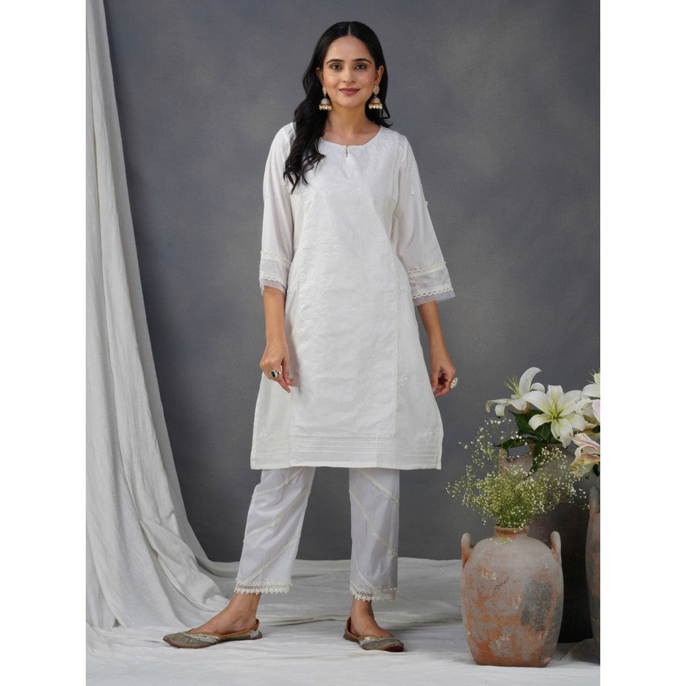 Zuri White Embroidered Cotton Kurta with Lace Pant and Embroidered Dupatta - Set of 3