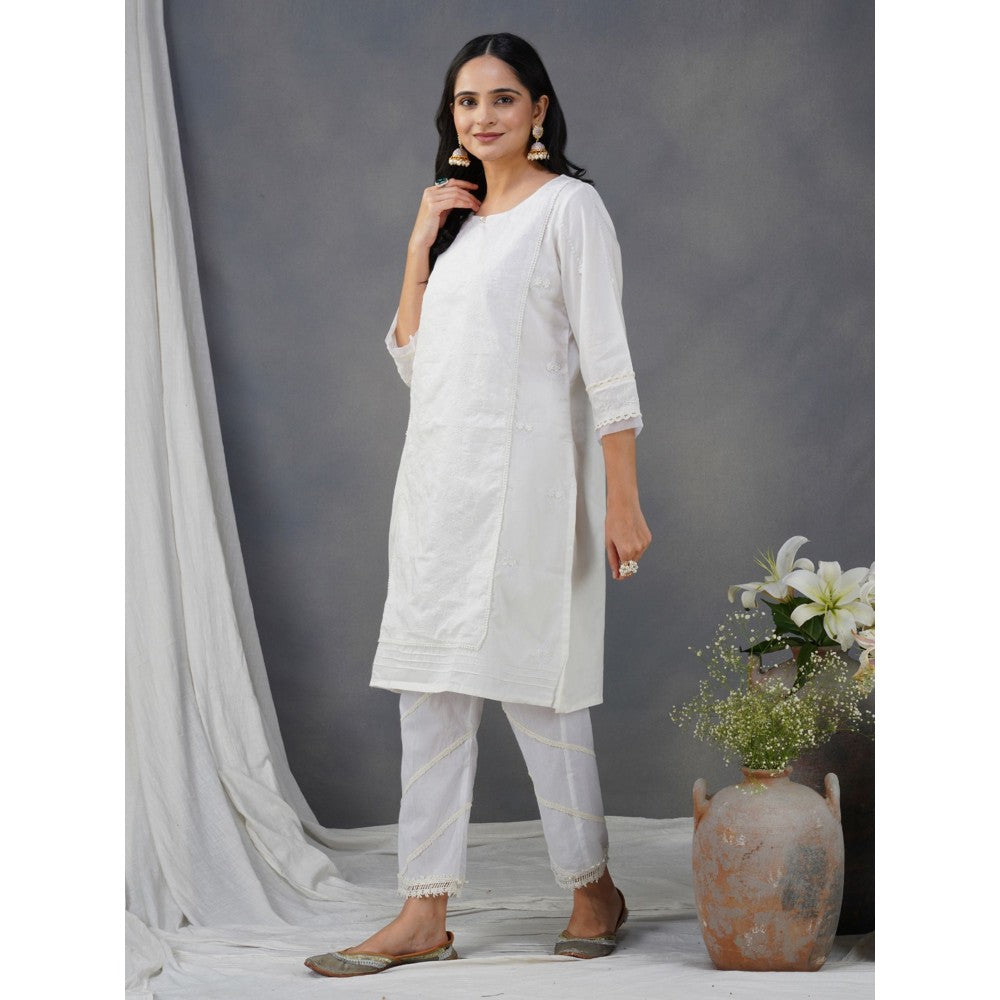 Zuri White Embroidered Cotton Kurta with Lace Pant and Embroidered Dupatta - Set of 3