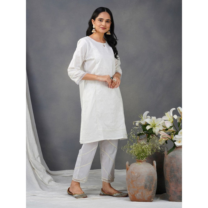 Zuri White Embroidered Cotton Kurta with Lace Pant and Embroidered Dupatta - Set of 3