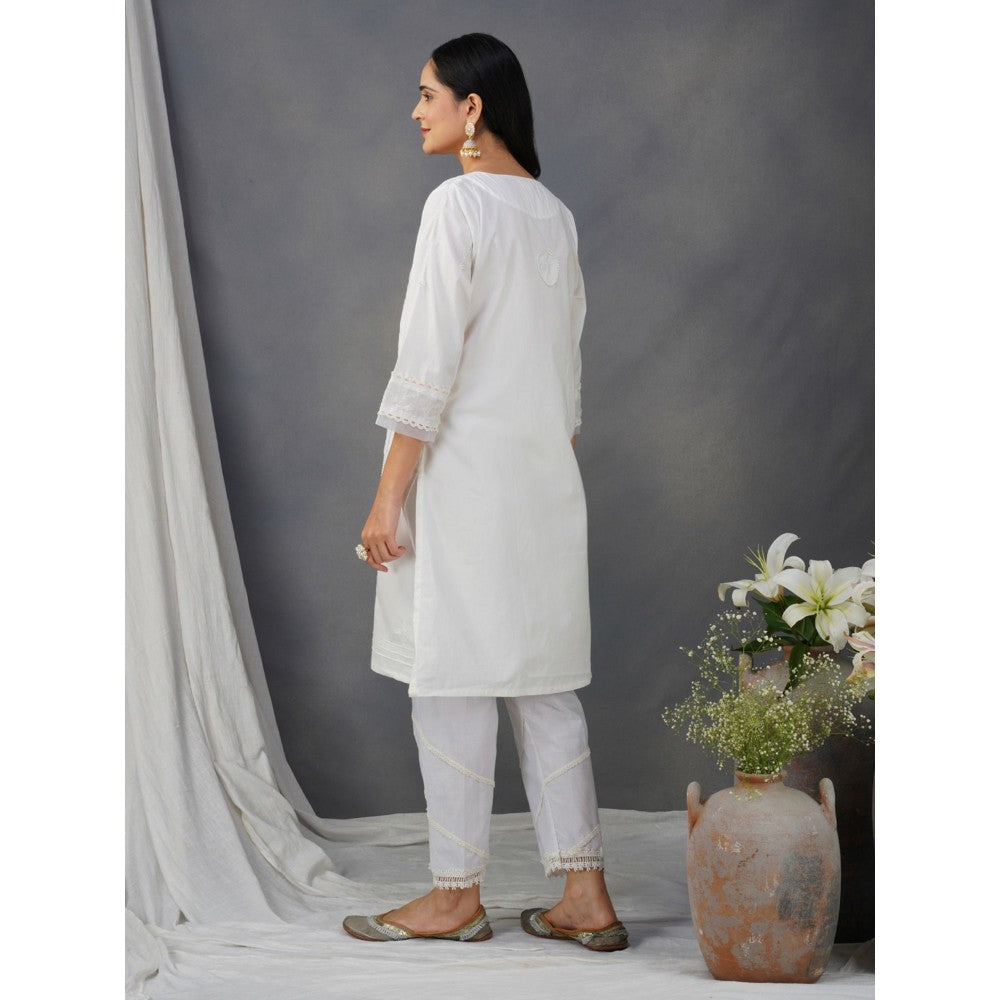 Zuri White Embroidered Cotton Kurta with Lace Pant and Embroidered Dupatta - Set of 3