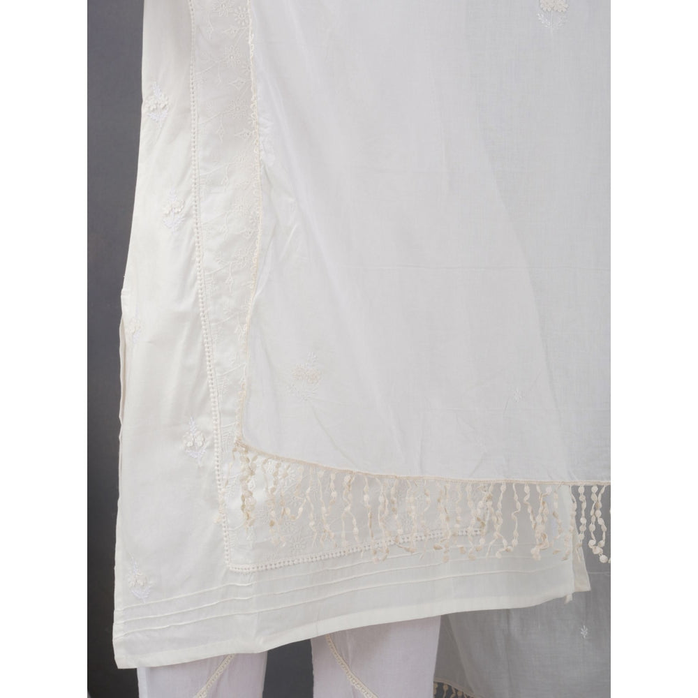 Zuri White Embroidered Cotton Kurta with Lace Pant and Embroidered Dupatta - Set of 3