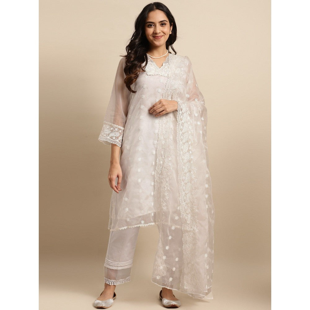 Zuri White Embroidered Organza kurta with Inner and Lace Pant - Set of 2