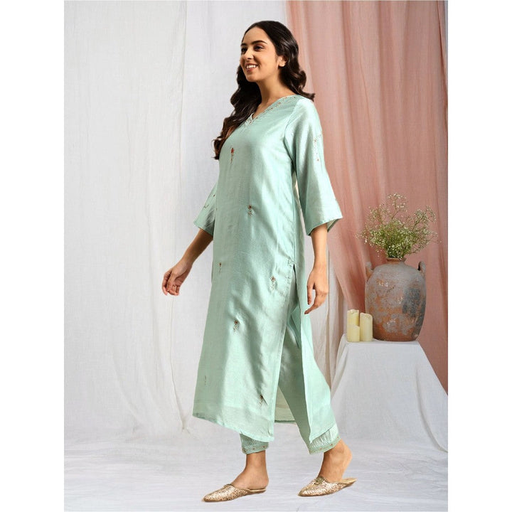 Zuri Sea Green Zari Embroidered Chanderi Kurta with Embroidered Pant - Set of 2